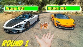 McLaren 765LT v McLaren 600LT REALWORLD DRIVING COMPARISON [upl. by Meggy727]