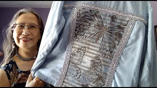 DIY jean jacket recycyled with an old thrifted tshirt for easy do it yourself boho denim art jacket [upl. by Berger708]