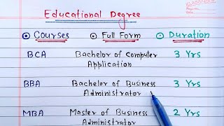 Full Form Of BA BBA BCA BSc MBA MCA BTech Mtech MBBS etc  Educational Degrees Full Form [upl. by Carissa]