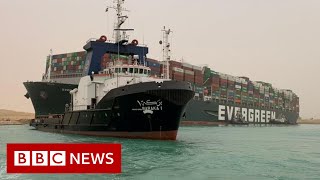 Suez Canal blocked after huge container ship wedged across it  BBC News [upl. by Ahtelra534]