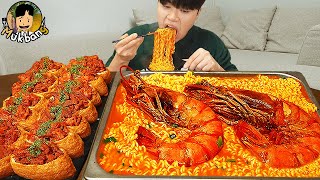 ASMR MUKBANG 직접 만든 킹블랙타이거새우 열라면 김밥 김치 유부초밥 먹방 RAMYEON amp KIMBAP MUKBANG EATING SOUND [upl. by Nereus888]