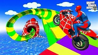 الأبطال الخارقين على القضبان دوامة قمع جسر 🚴‍♂️ SPIDER MANon Motorcycle in Spiral Bridge Stunt Rid [upl. by Nawiat231]