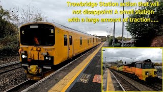 Trowbridge Station Wiltshire with plenty of action including the Network Rail TRU passing through [upl. by Ahens]