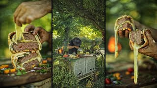 Epic Quadrupled Burger 🍔  Cooking in Nature ASMR 🍃 [upl. by Herv]