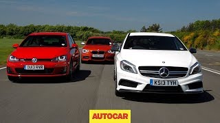 Mercedes A45 AMG vs Volkswagen Golf GTI vs BMW M135i  hot hatch mega test  autocarcouk [upl. by Eiramassenav]