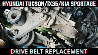 HYUNDAI  KIA DRIVE BELT REPLACEMENT  iX35  TUCSON  SPORTAGE  D4BA  HOW TO [upl. by Shifra]