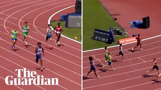 British sprinter slows before finish line and gets overtaken in disaster race [upl. by Htiaf351]