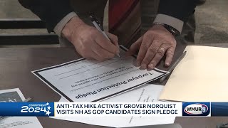 Antitax hike activist Grover Norquist visits New Hampshire as GOP candidates sign pledge [upl. by Narmis934]