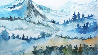 Landscape Blue Mountain  Watercolor art [upl. by Dorcia]