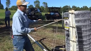 STRETCHING HIGH TENSILE WOVEN WIRE FARM FENCING INSTALLATION TIPS AND TRICKS [upl. by Lemhar]