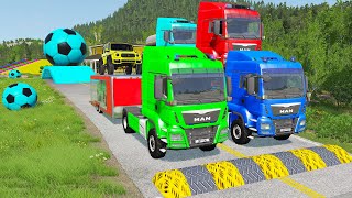 Double Flatbed Trailer Truck vs Speedbumps Train vs Cars  Tractor vs Train BeamngDrive 060 [upl. by Ahseet]