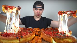 Double Cheesy Chicago Deep Dish Pizza Mukbang  Hot Wings [upl. by Iztim]