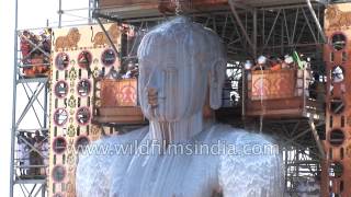 Jain devotees pour milk over the monolithic statue of Bahubali  Mahamastakabhishek Karnataka [upl. by Cully]