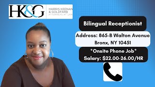 Bronx NY Job  Bilingual Receptionist for an Injury Law Firm  Full Time amp Onsite  Apply [upl. by Niwhsa]