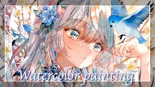 【下絵から完成まで】アナログイラストメイキング｜新刊表紙｜Watercolor painting｜透明水彩 [upl. by Yert]