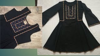 Ladies frock style kurti  beautiful neck design using lace and anchor thread  full tutorial [upl. by Hahsi]