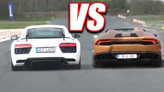 AUDI R8 V10 PLUS vs LAMBORGHINI HURACAN DRAG RACE [upl. by Robbyn739]