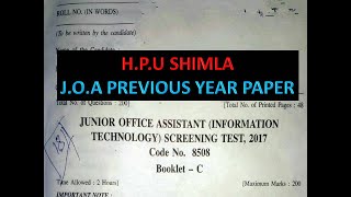 HPU SHIMLA Junior Office Assistant PREVIOUS YEAR PAPER [upl. by Danielle]