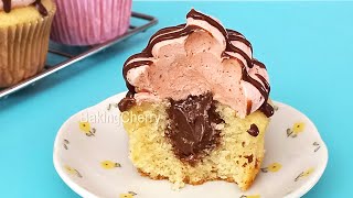 VANILLA Cupcakes with CHOCOLATE Filling and STRAWBERRY Frosting  Delicious Dessert Recipe [upl. by Ayotan]