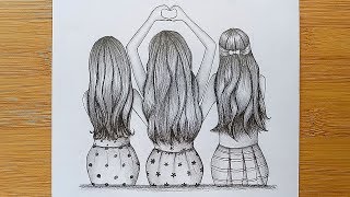 Best friends tutorial with pencil sketchHow to draw Three Friends Hugging Each Other [upl. by Poler]