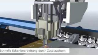 TRUMPF StanzLaserBearbeitung TruMatic 7000  Funktionsweise der Zusatzachsen [upl. by Frans]