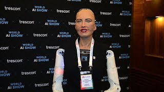 Le robot humanoïde Sophia interagit avec le CEO de Trescon [upl. by Anael]