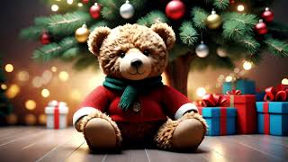 Cute teddy bear under a Christmas tree 4K Christmas Video With Cheerful Christmas Music [upl. by Soalokcin]