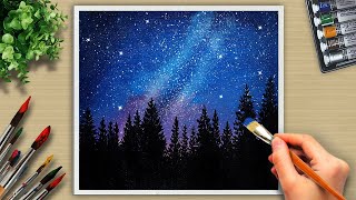 How to Paint Night Sky Starry Night landscape Acrylic Painting  76 Acrylic Art [upl. by Corbet]