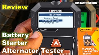 Konnwei KW208 REVIEW Cheap car BATTERY STARTER ALTERNATOR Tester Easy alternator testing [upl. by Ymrots]