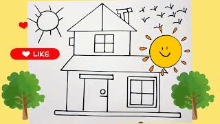 🏡🏠 House drawing tutorial for beginners How to draw house step by step [upl. by Zetneuq]