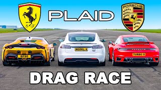 Tesla Model S PLAID v Ferrari SF90 v Porsche 911 Turbo S DRAG RACE [upl. by Cloots378]