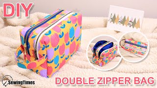 DIY DOUBLE ZIPPER POUCH BAG  TWO Zipper Box Pouch Tutorial sewingtimes [upl. by Naiva]