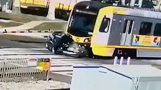 Train smashes car after driver turns onto Metro Blue Line tracks in South LA  ABC7 [upl. by Schoenburg178]