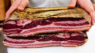 How Pancetta Italianstyle bacon is Made in Italy  Flat and Rolled  Claudia Romeo [upl. by Tihor]