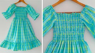 Very Easy Frock Cutting And Stitching with Frills  How to Make Shirring Dress Frock [upl. by Enuj249]