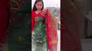 Bottle green multi color jamdani halfsilk saree [upl. by Neleag]