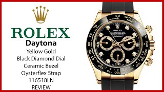 ▶ Rolex Daytona Yellow Gold Black Diamond Dial Ceramic Bezel Oysterflex Bracelet 116518LN  REVIEW [upl. by Otinauj12]