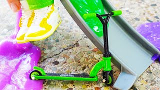 Finger Scooter amp Slime Challenge  Can I ride it  Tech Deck Ramps  Nike Mini Sneakers [upl. by Aneala]