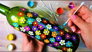 SUPER EASY Qtip Bottle Painting Rainbow Dot Flowers  How To with Lydia May [upl. by Fabiolas]