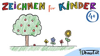 Baum auf einer Wiese mit Blumen Zeichnen  Tobis Malschule  4  Zeichnen lernen für Kinder [upl. by Nanah]