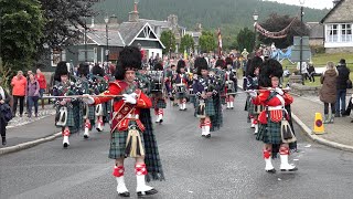 Morning parade of Braemar Royal Highland Games Society through village to the 2022 Braemar Gathering [upl. by Rhines]