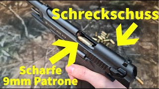 Scharfe 9mm Patrone in 9mm Schreckschuss Pistole laden und schießen ist das möglich [upl. by Elisha]