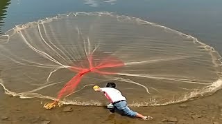 Most Satisfying Cast Net Fishing Video Catch Tons of Fish  Traditional Net Catch Fishing on River [upl. by Kreegar]