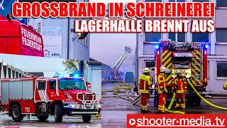 🚒 🔥 GROSSBRAND von SCHREINEREI in LAGERHALLE 🔥 🚒  Löscharbeiten über 2 Drehleitern [upl. by Aimik]