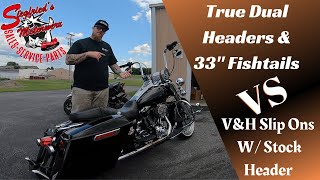 True Dual Fishtails VS VampH Slip Ons Road King TWIN CAM exhaust comparison [upl. by Amasa]