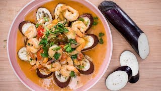 EGGPLANT CHALLENGE Roasted Eggplant w Garlic Shrimp Recipe [upl. by Ardnola261]