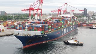 Awesome Aerial 4K Views Large Container Ship CMA CGM CASSIOPEIA Outbound from Halifax Nova Scotia [upl. by Yerocaj83]