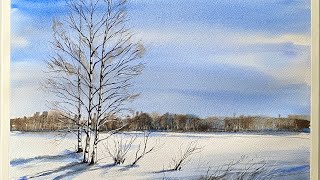 BIRCH TREES in the SNOW Watercolor Landscape PAINTING Beginners Loose Watercolour line amp wash DEMO [upl. by Anael]