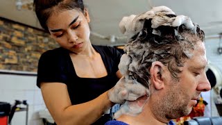 PERFECT HEAD MASSAGE to PUT YOU TO SLEEP Hair Wash SHAMPOO OVERLOAD Lady Barber Phnom Penh 🇰🇭 [upl. by Divaj]