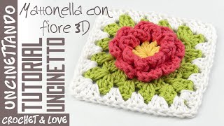 Tutorial Mattonella allUncinetto con Fiore 3D sottotitoli in inglese e spagnolo [upl. by Htiffirg]